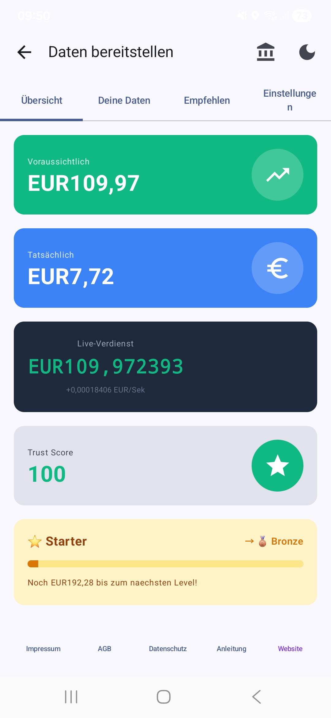 DataBridge Dashboard — Live-Verdienst und Trust Score